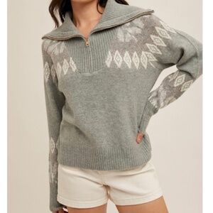 Hem & Thread Gray and White Cowl Neck Sweater